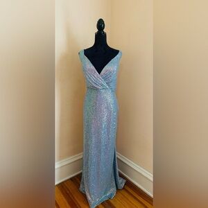 La Femme Iridescent Sequin V-Neck Gown in Blue-Pink